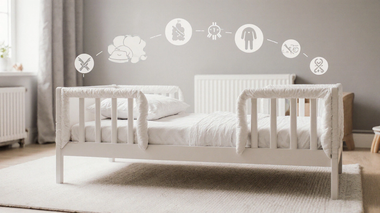 Toddler bed with guardrails on both sides, positioned safely away from hazards.