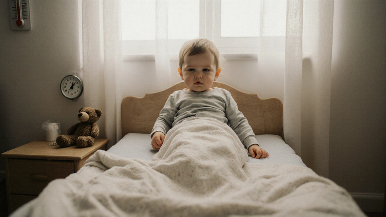 Toddler sleeping in a toddler bed with a tucked-in cotton blanket.