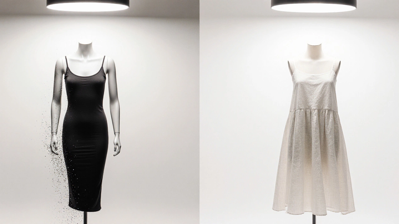 Two mannequins side by side: one in clingy dark fabric with sweat, one in airy white linen.