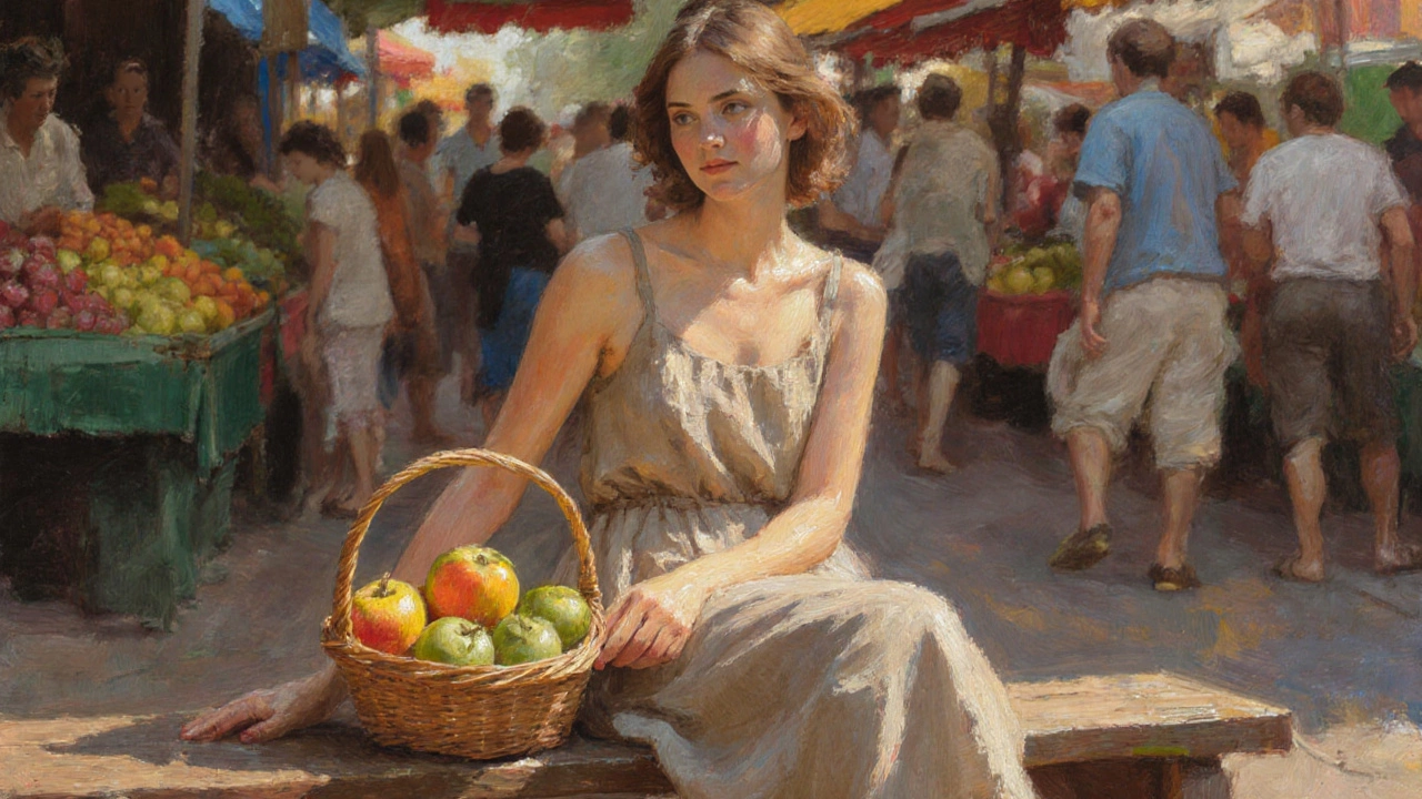 Woman sitting at a farmer&#039;s market with a linen sundress, holding a basket of fruit in warm summer light.