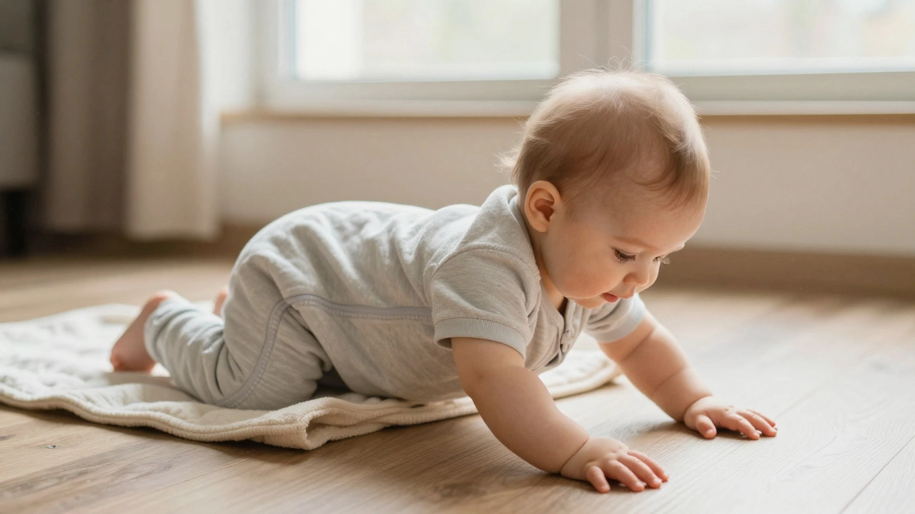 A baby transitioning from swaddling to a sleep sack, pushing up during tummy time.