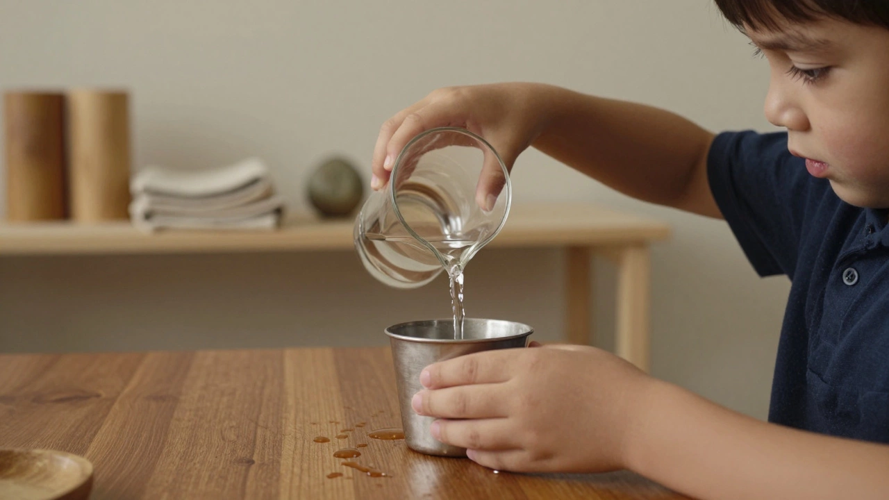 A child&#039;s hands pouring water from a glass pitcher into a metal cup, focused and careful.