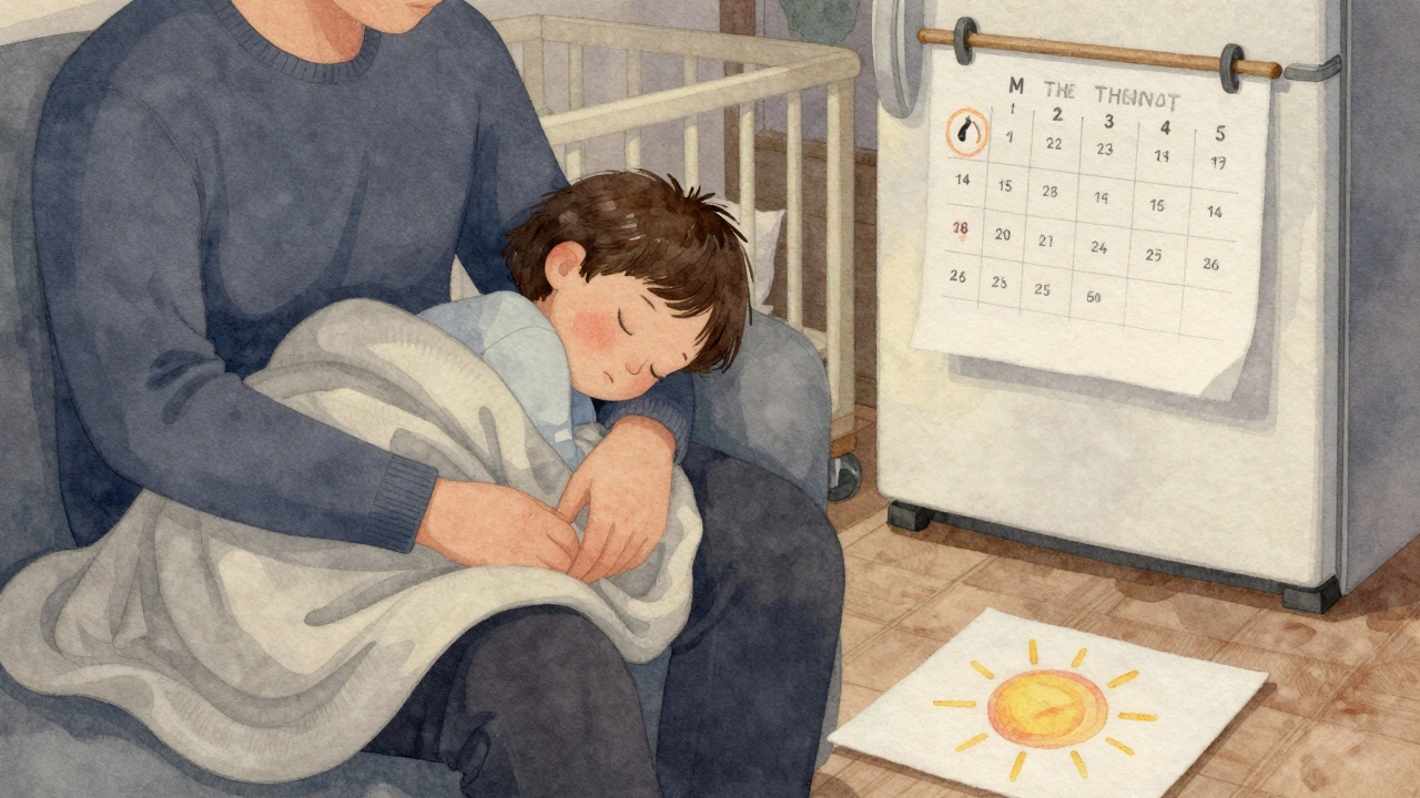 A child asleep on a parent&#039;s lap at home, with a nursery schedule visible on the fridge.