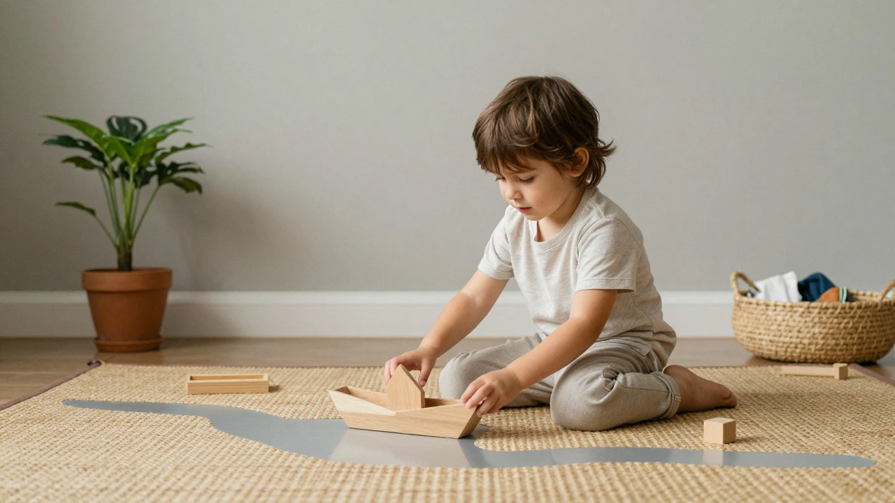 A child playing imaginatively with a wooden block in a calm, clutter-free room with natural materials.