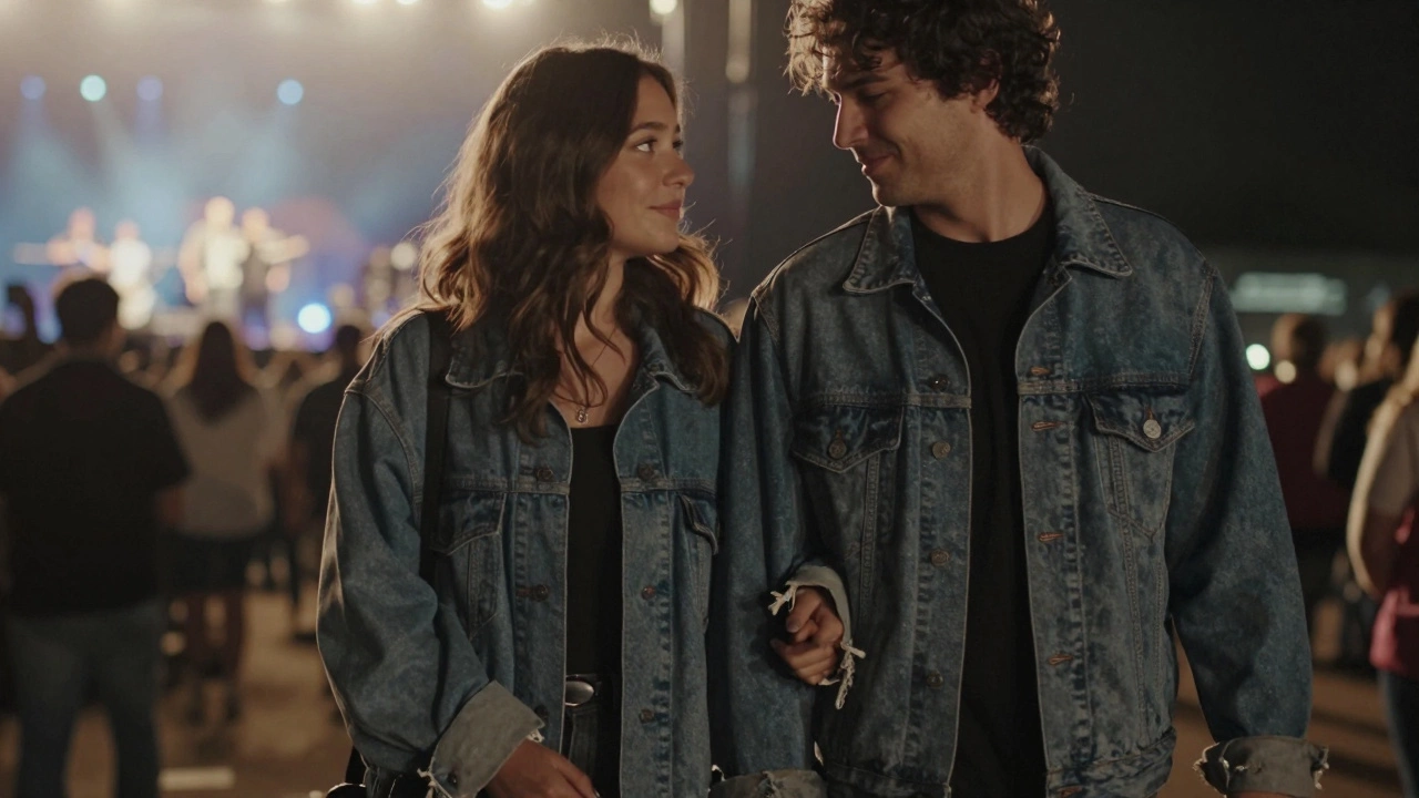 A couple walking together after a concert, the woman wrapped in the man&#039;s oversized jacket.