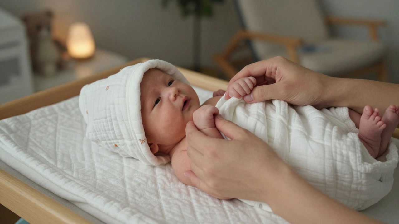 A parent carefully swaddling a baby using a muslin blanket with proper arm and hip positioning.