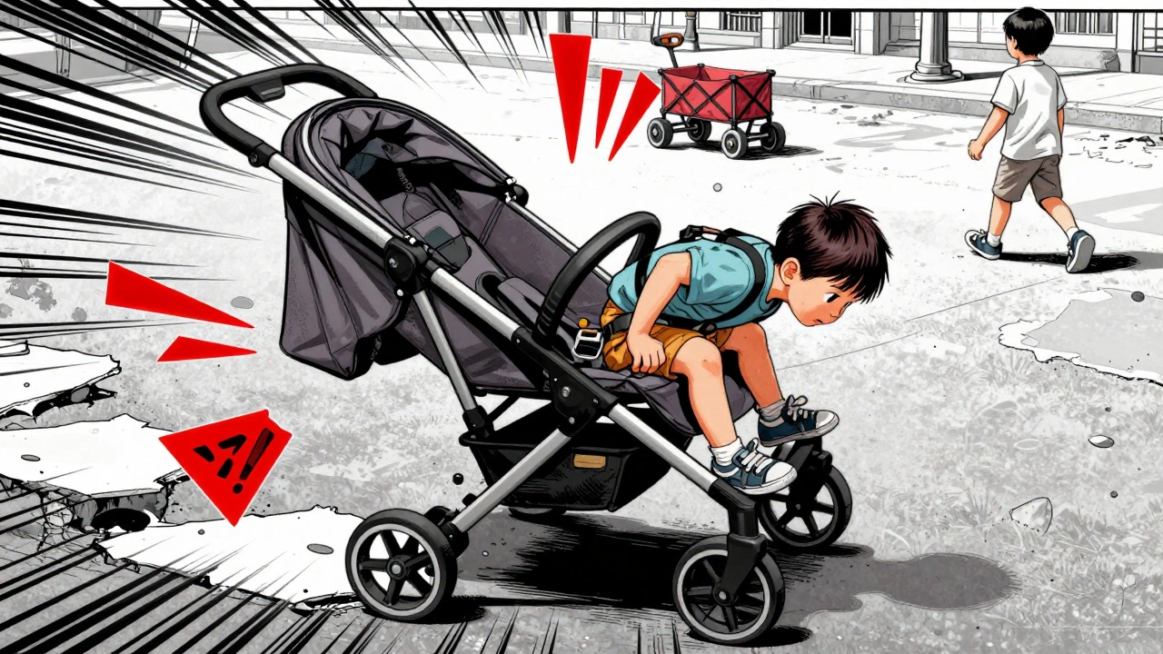 A stroller tipping over on uneven ground with a heavy toddler leaning forward, frame bending.