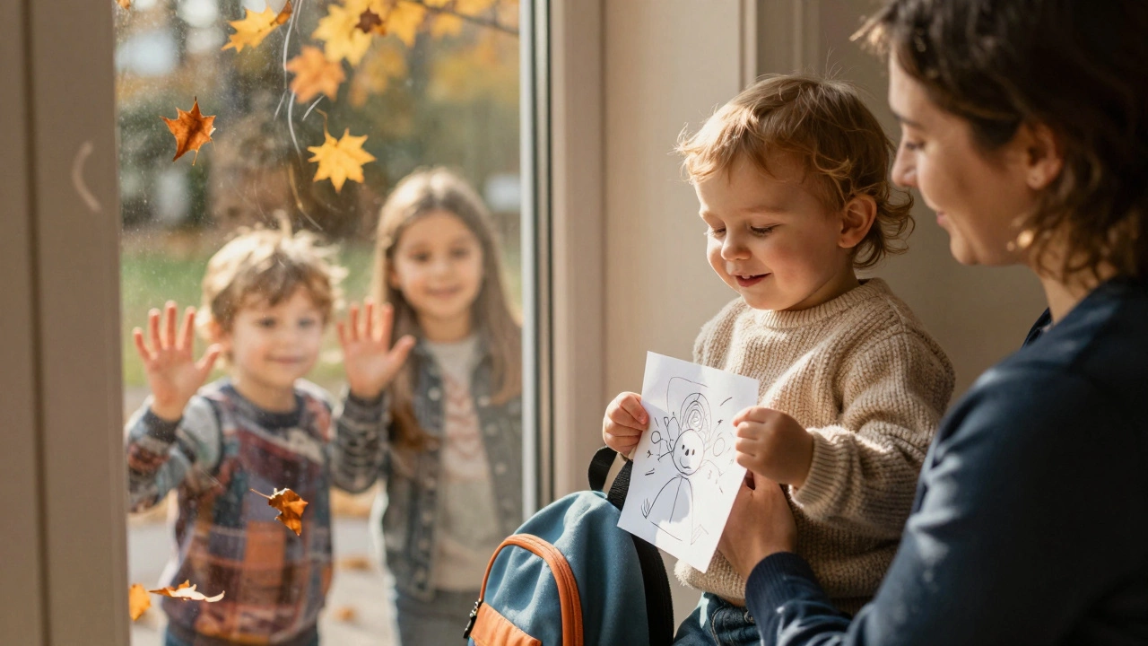 A toddler being picked up from nursery, smiling softly as autumn leaves fall outside.