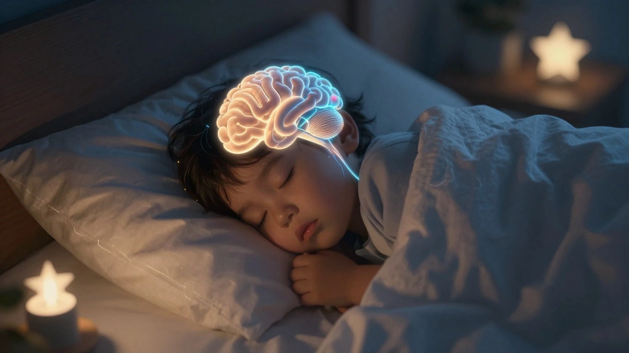 A toddler sleeping under a blanket with subtle brain activity glow.