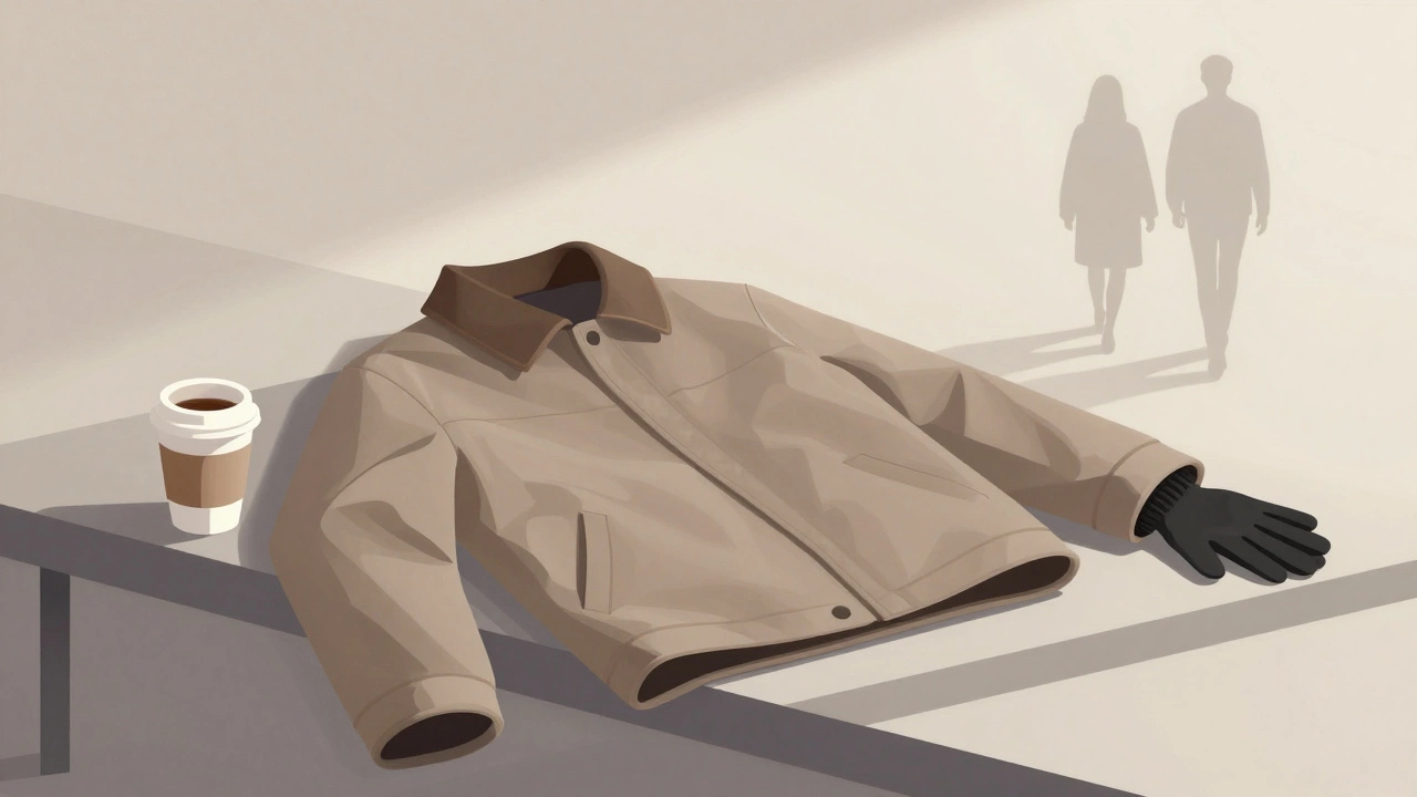 An empty, neatly folded jacket on a bench beside a coffee cup, symbolizing quiet kindness.