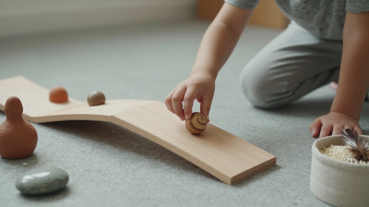 Child watching a wooden marble run roll down natural wooden ramps in quiet daylight.