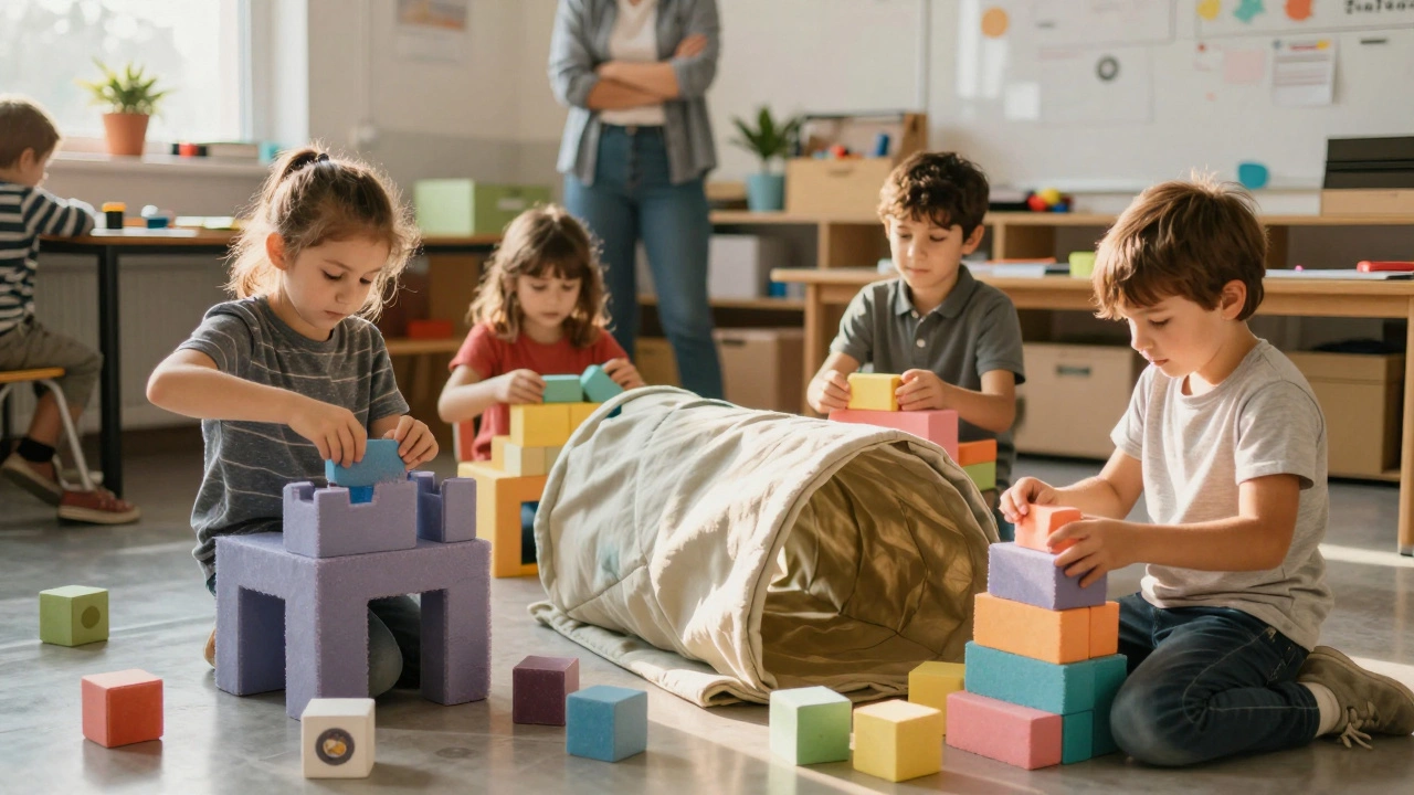 Children building imaginative structures with foam blocks and blankets in a classroom.
