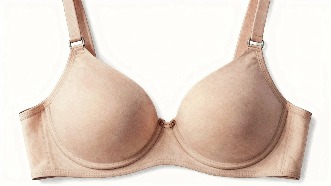 Close-up of a seamless t-shirt bra with molded cups and no stitching, illustrated in watercolor.