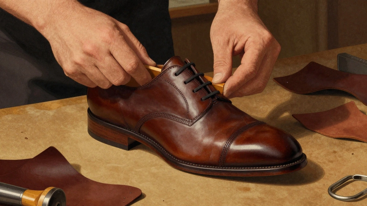 Cobbler using a stretcher to gently expand the toe box of a leather shoe.