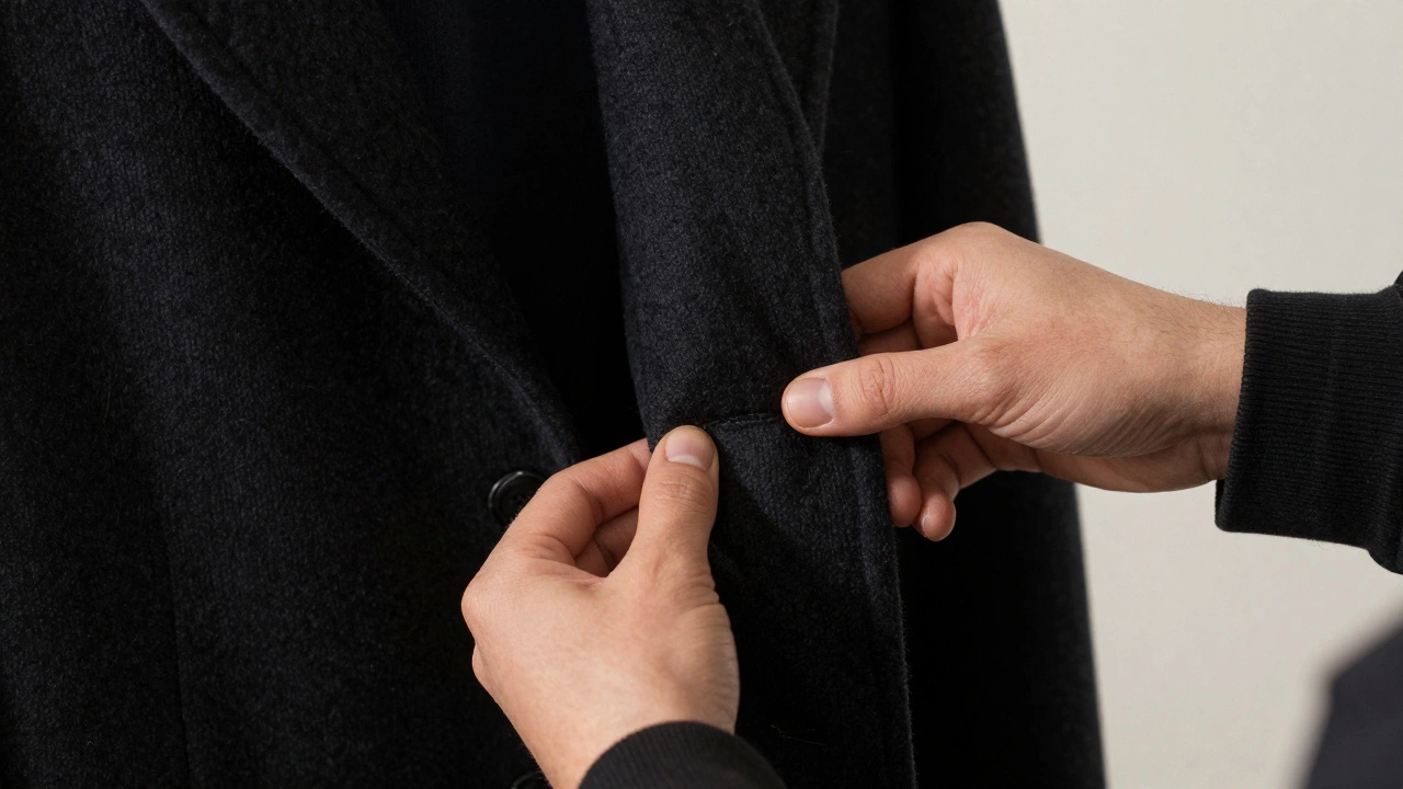 Hands adjusting a wool coat collar over a bomber jacket sleeve, showing precise sleeve length reveal.