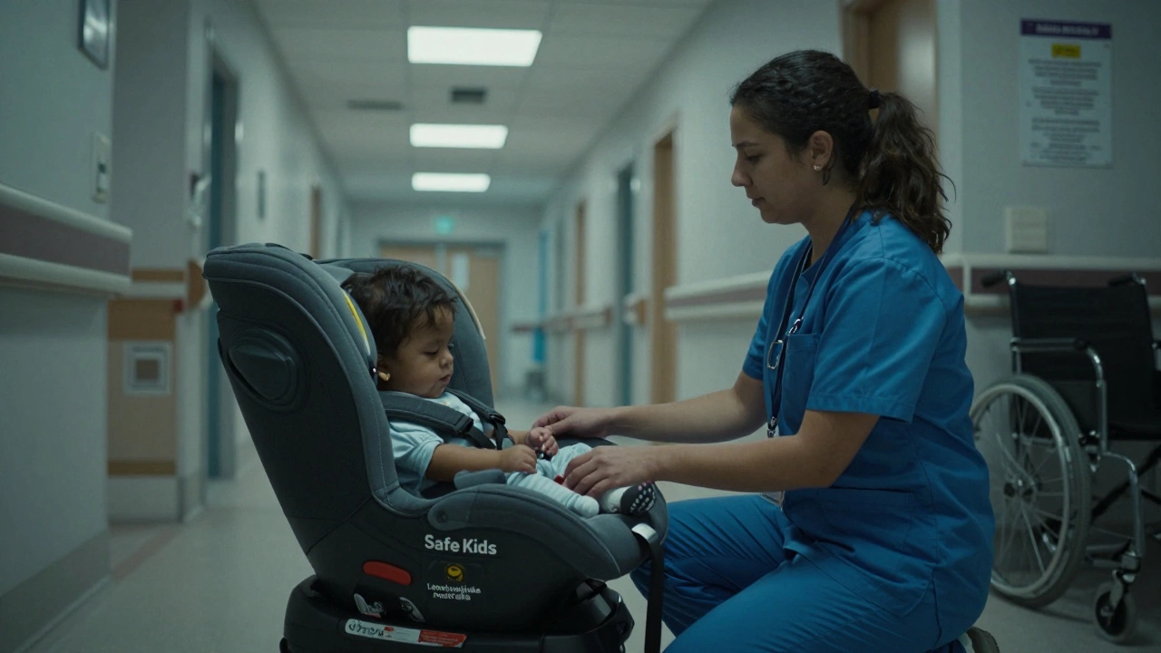 Hospital social worker handing a loaner car seat to a parent in a hospital corridor.
