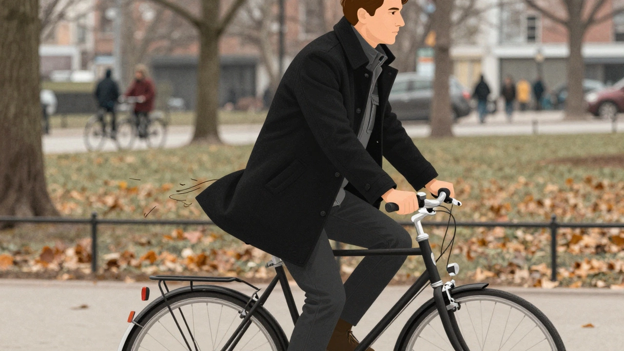 Man biking in winter city park, layered in black pea coat over gray utility jacket, leaves on ground.
