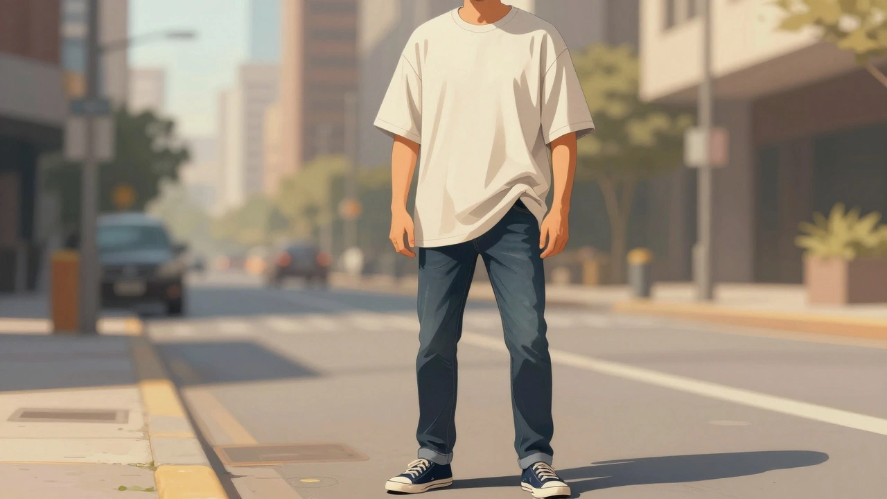 Man in an oversized t-shirt with front tuck and rolled sleeves, standing on a city street.