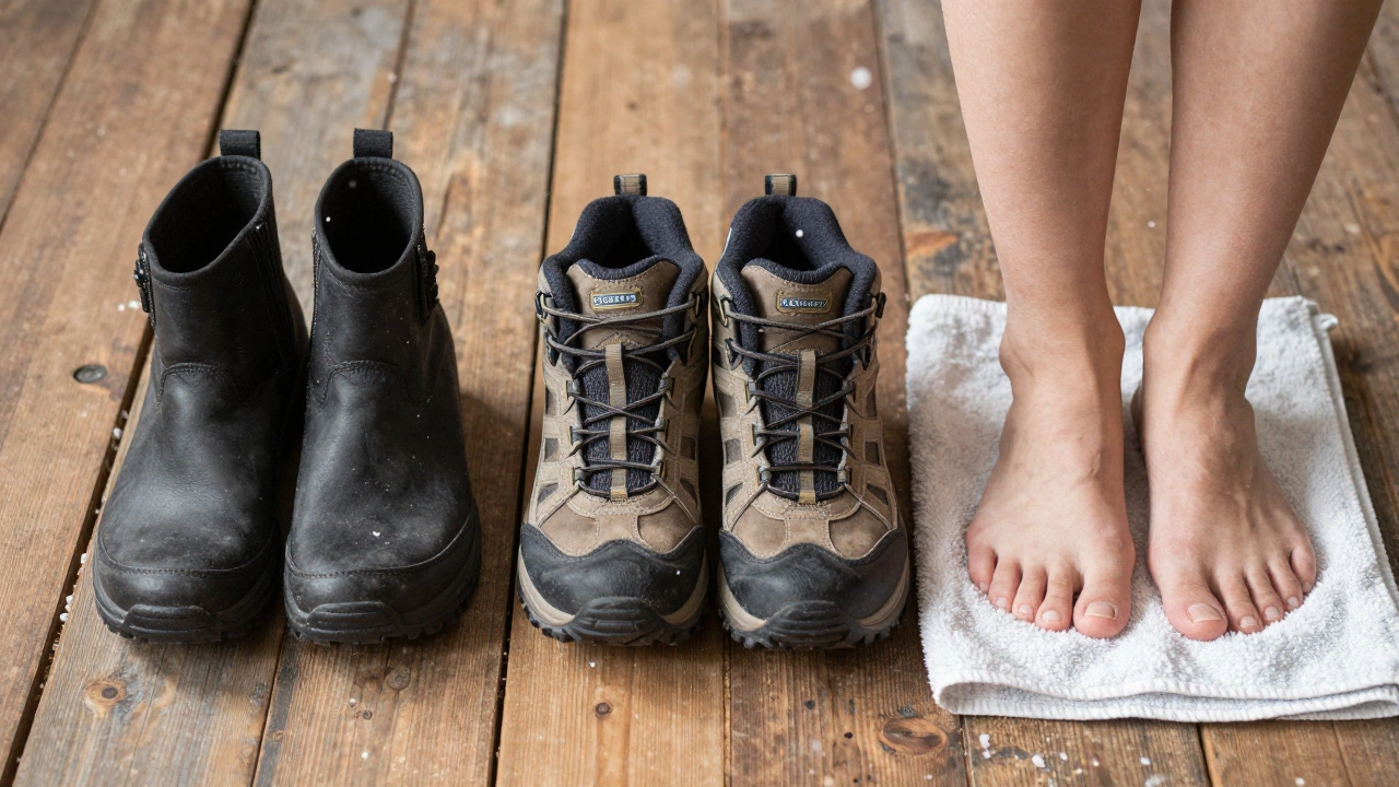 Three comfortable boot styles on wooden floor with snowflakes, beside resting bare feet.