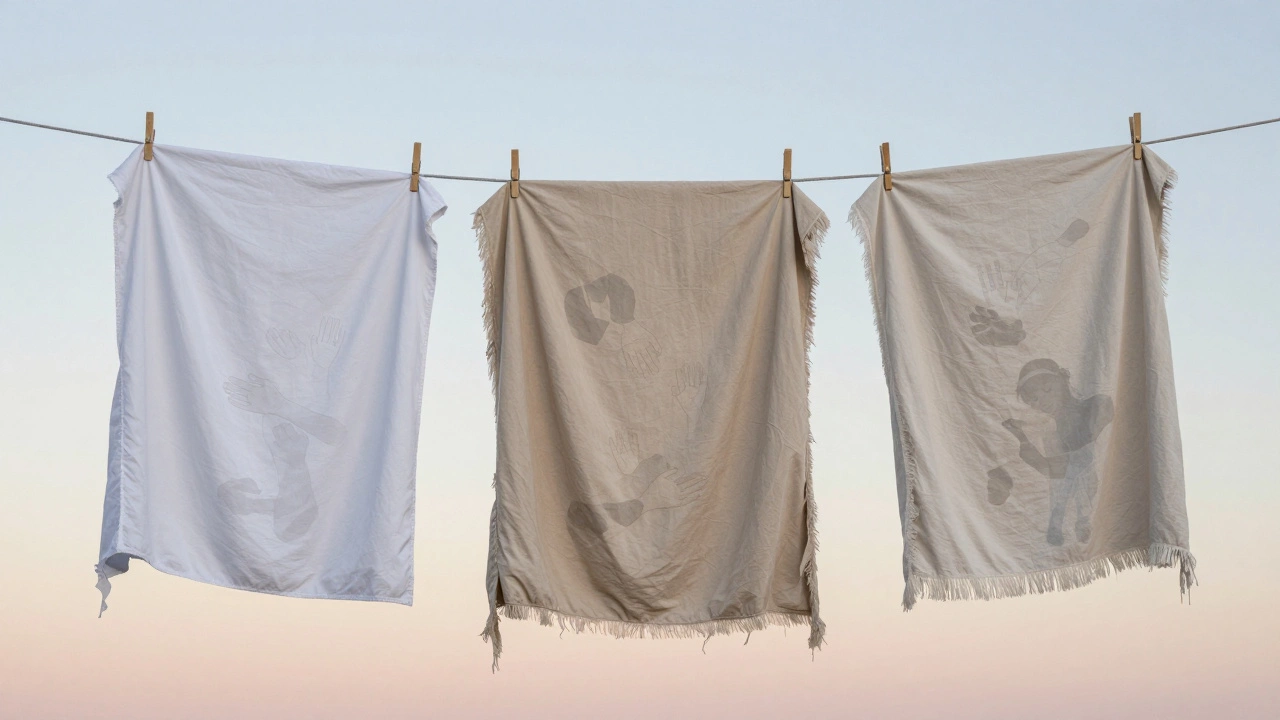 Three identical blankets on a line, showing gradual wear from use.