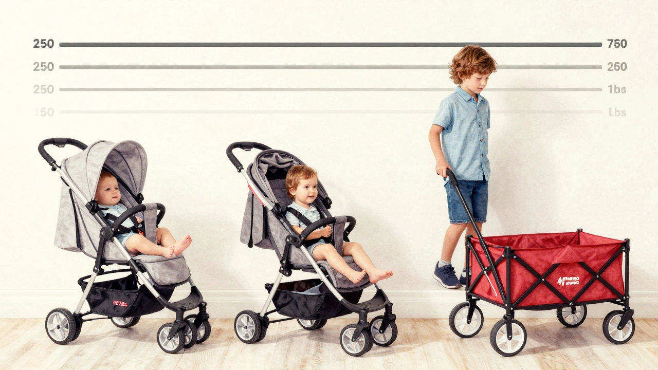 Three stages of child development transitioning from stroller to wagon, marked by a height chart.