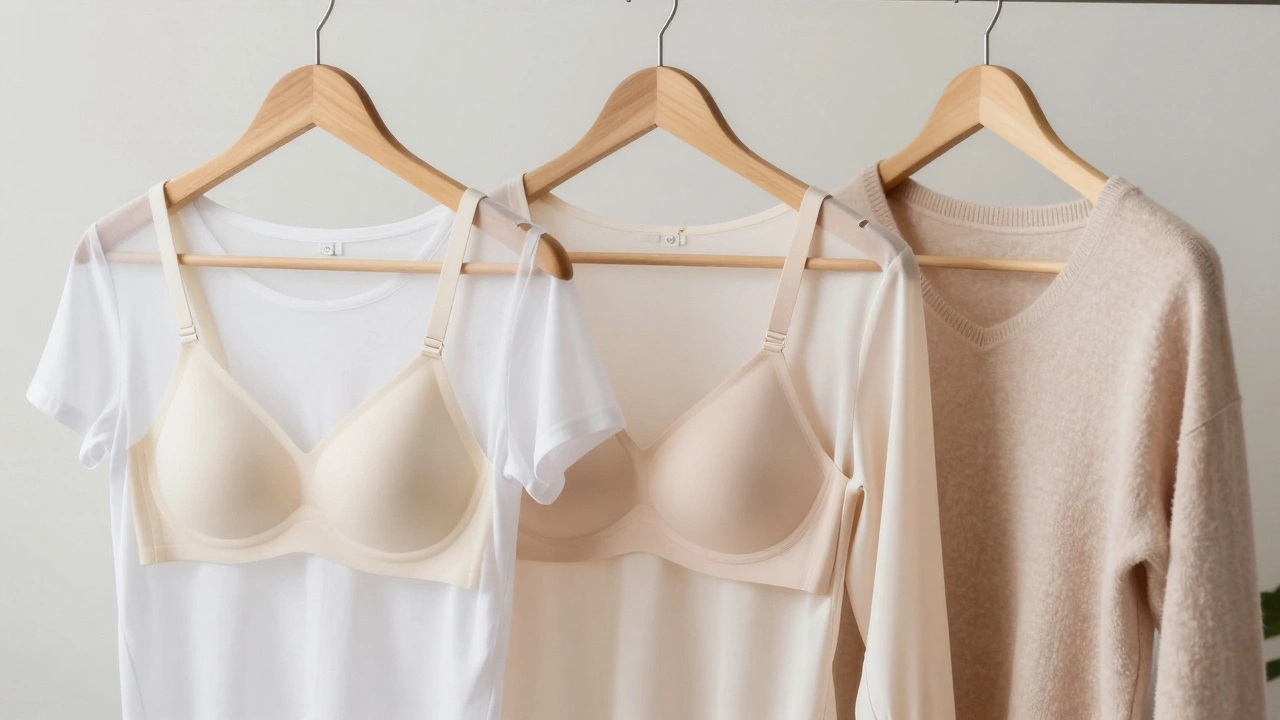 Three t-shirt bras with translucent clothing draped over them, showing invisible support.