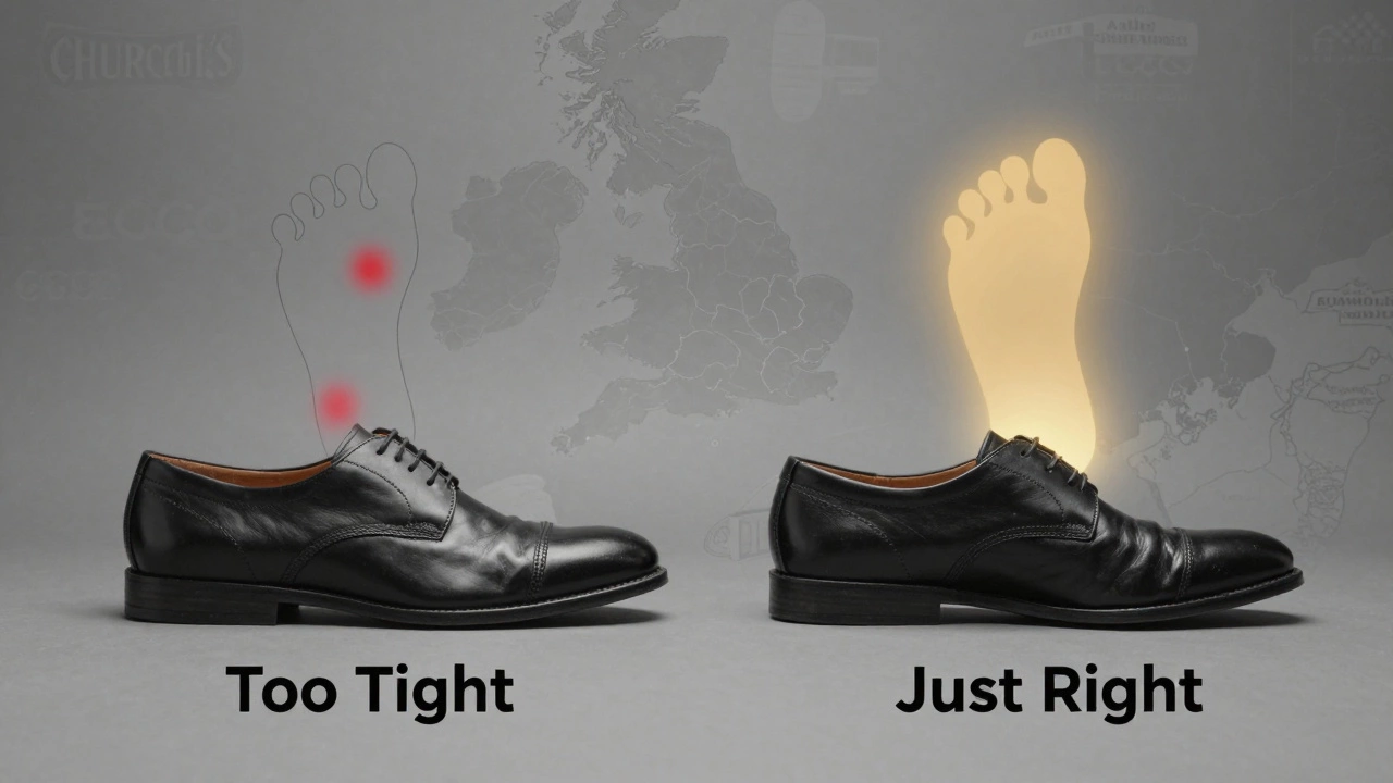 Two leather shoes side by side showing correct vs. too-tight fit with symbolic pressure marks.