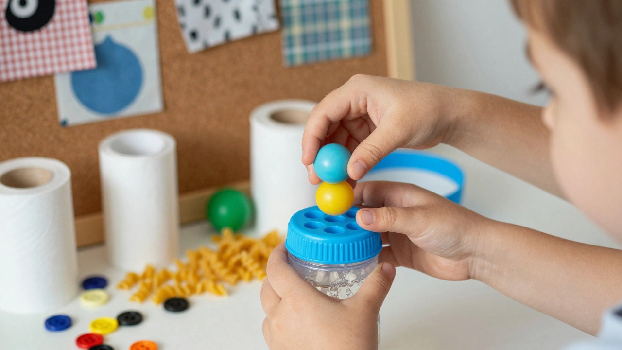 Child dropping balls through bottle cap holes, water splashing, surrounded by recycled play materials.