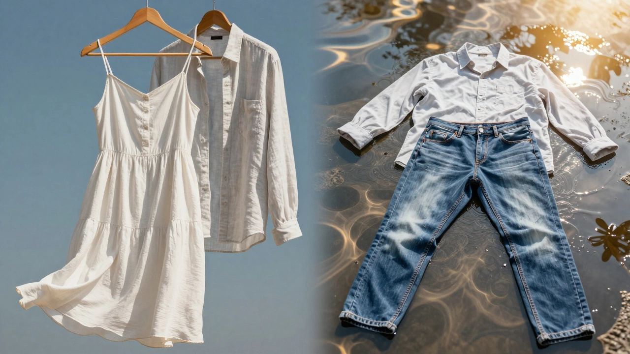 Contrast of breathable cotton and linen versus sweaty polyester and tight jeans in summer heat.