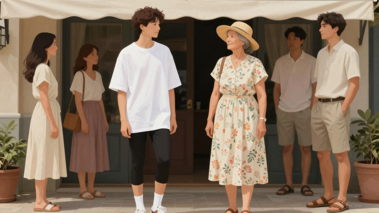 Diverse group of people in relaxed summer clothing under a shaded awning at a market.