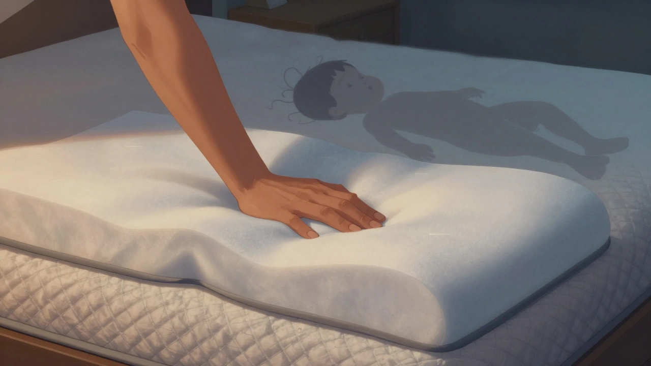 Hand pressing on firm vs. soft mattress surfaces, showing dangerous indentation.