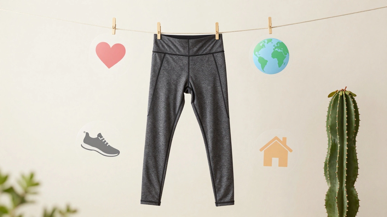 Leggings hanging on a line with symbolic icons representing sustainability, self-care, and active living.