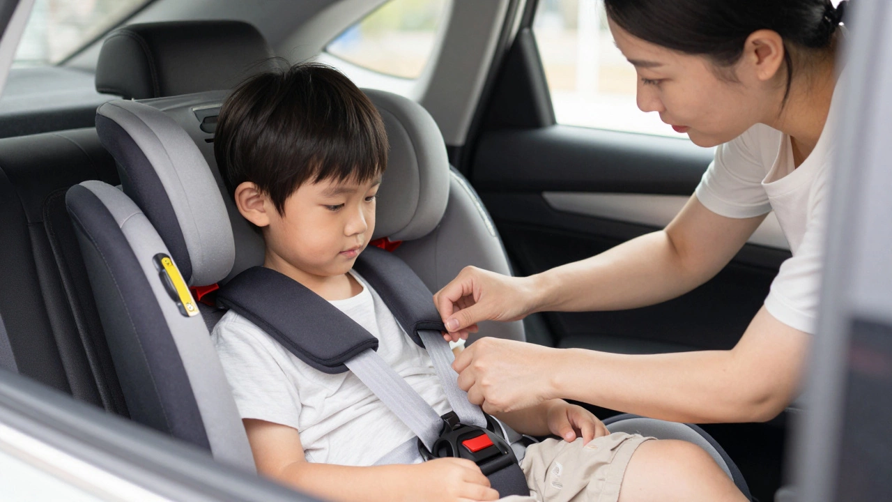 Parent checking the harness tightness on a child's car seat using the pinch test.