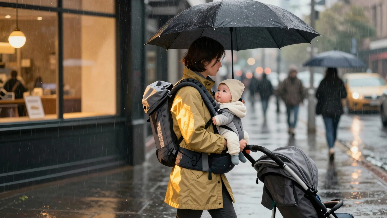 Parent walking in rain with baby in carrier, stroller left behind, baby gazing outward.