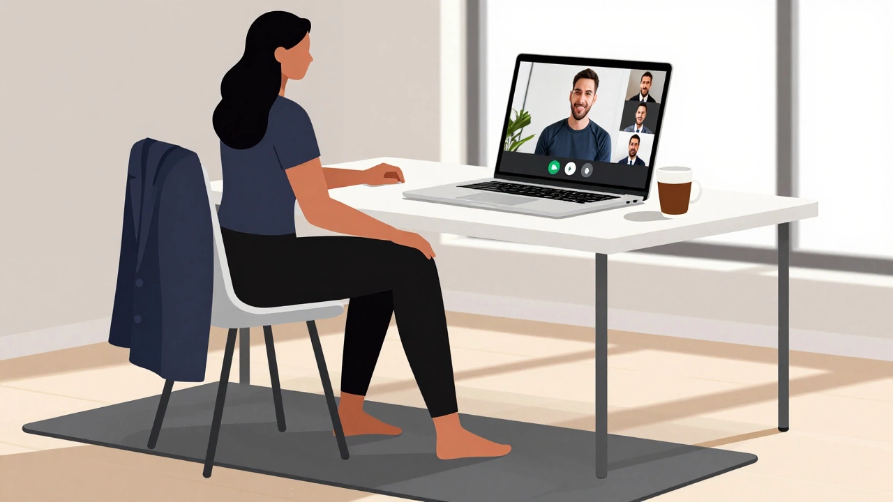 Person in athletic wear attending a virtual meeting, with a blazer nearby, blending comfort and professionalism.