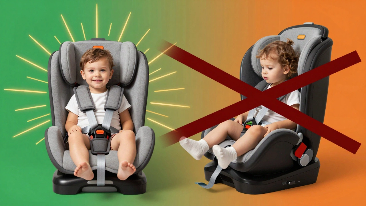 Side-by-side comparison of a child in a harness seat versus a booster seat with unsafe belt positioning.