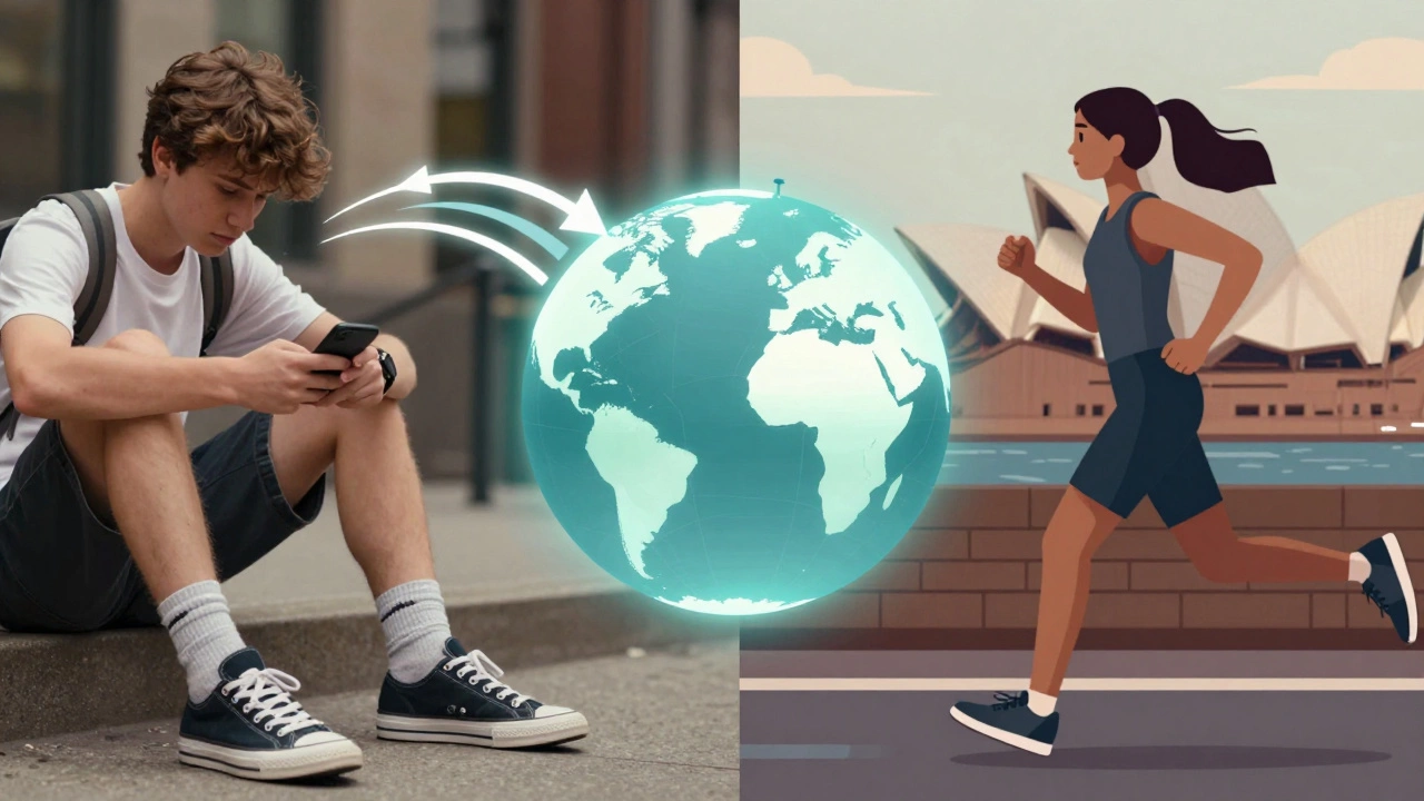 Split-screen image of teens in Chicago and Sydney wearing the same type of shoe with different names.