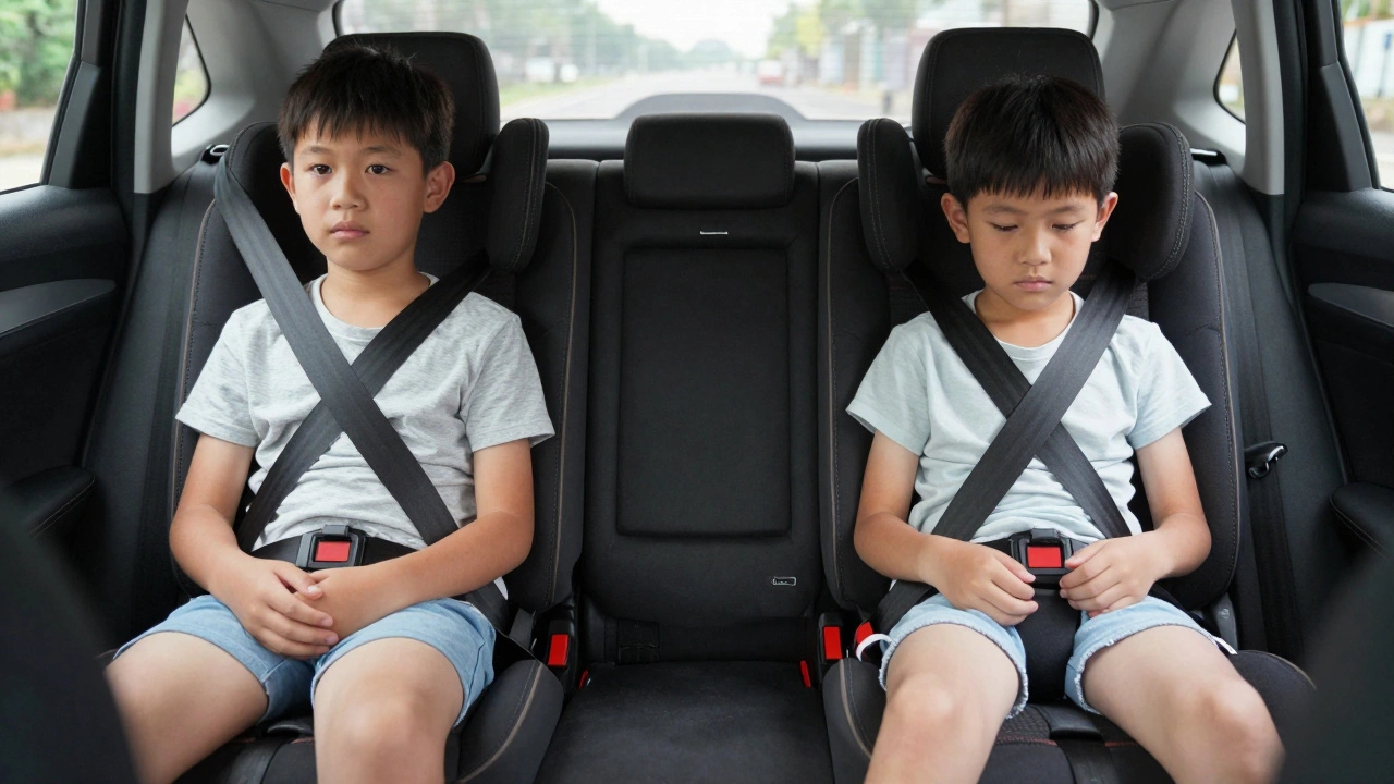 Two children of same age: one properly fitted in seat belt, one still needing booster due to height.