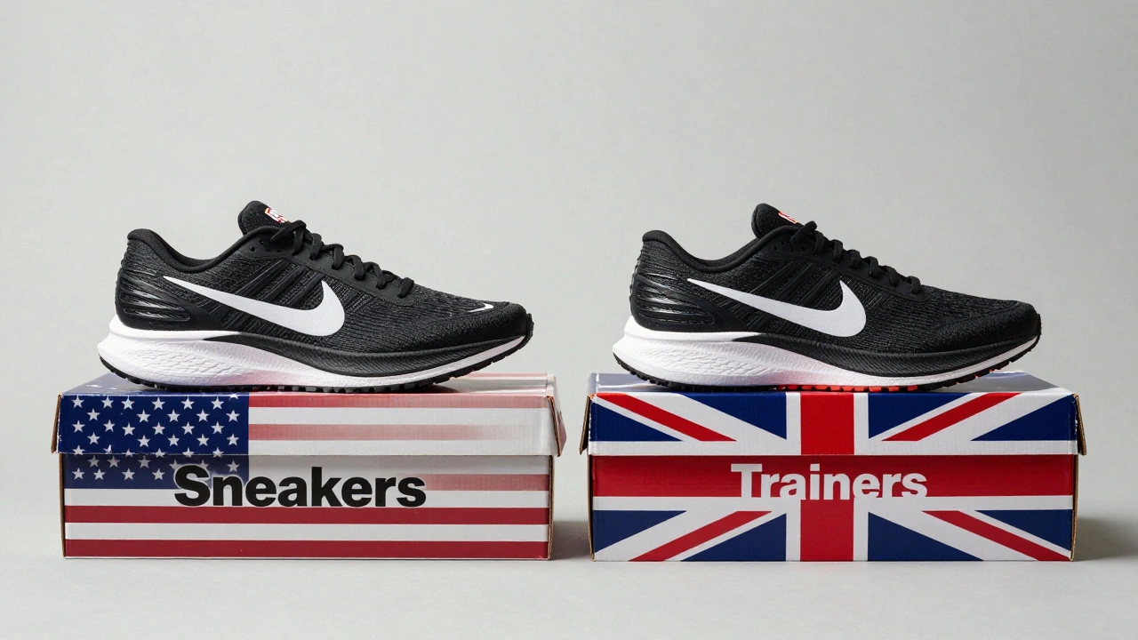 Two identical athletic shoes in side-by-side boxes labeled 'Sneakers' and 'Trainers' with regional branding.