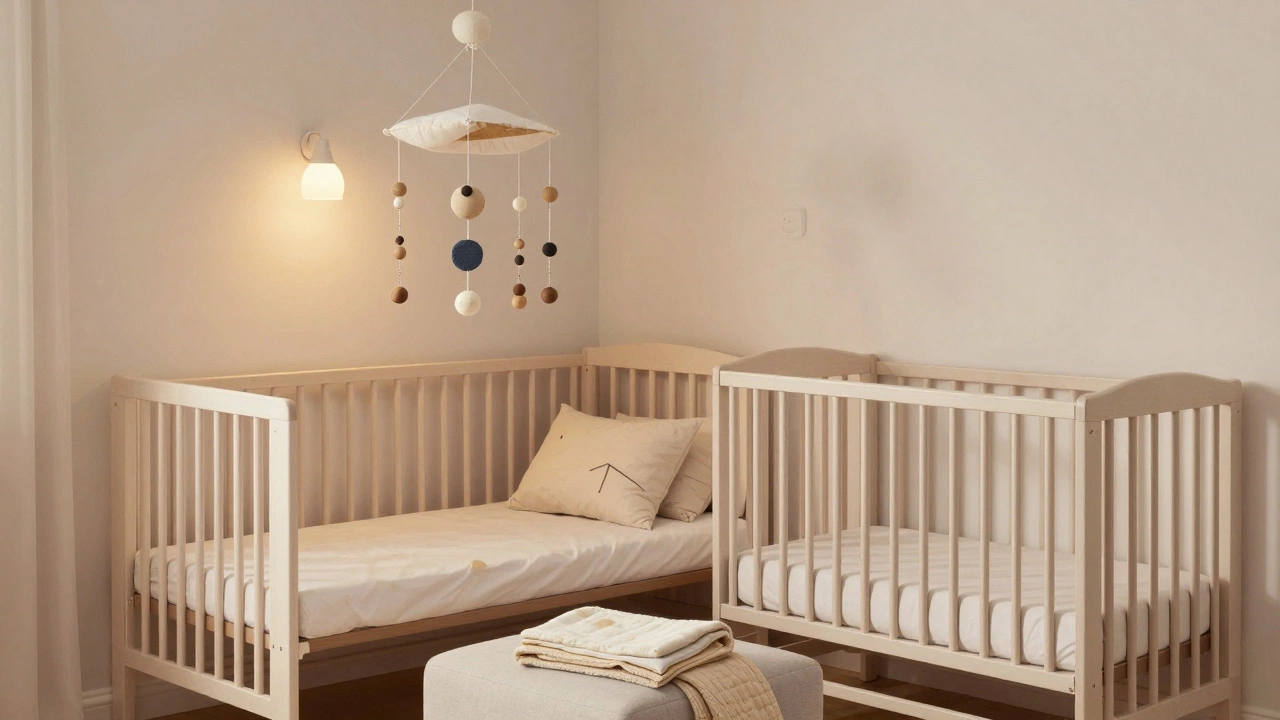 A minimalist nursery with a convertible crib, storage ottoman, and handmade fabric mobile in warm evening light.