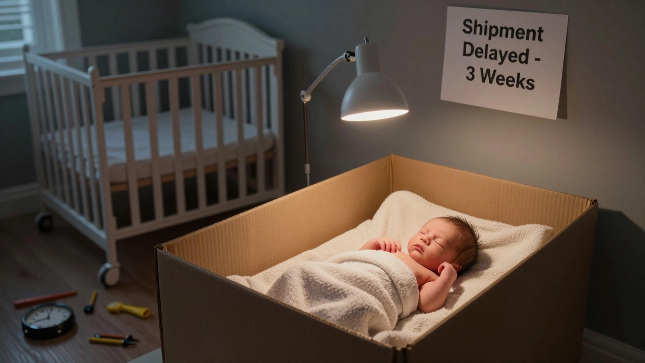 A newborn sleeping in a cardboard bassinet at 2 a.m., with an unassembled crib nearby and a delivery delay notice on the wall.
