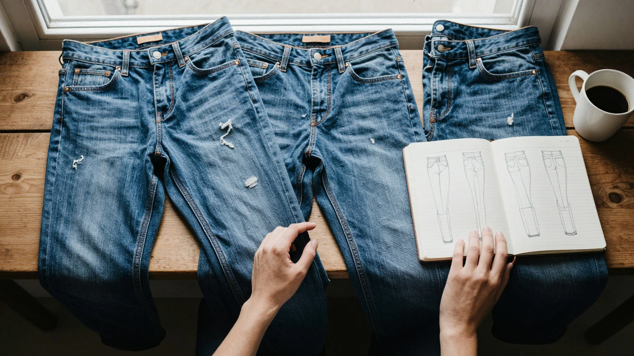 A pair of old skinny jeans next to three new relaxed denim styles on a wooden bench with a coffee cup and notebook.