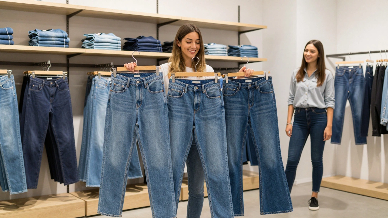A shopper examining three different denim cuts in a modern store, with mostly baggy and flared jeans on display.