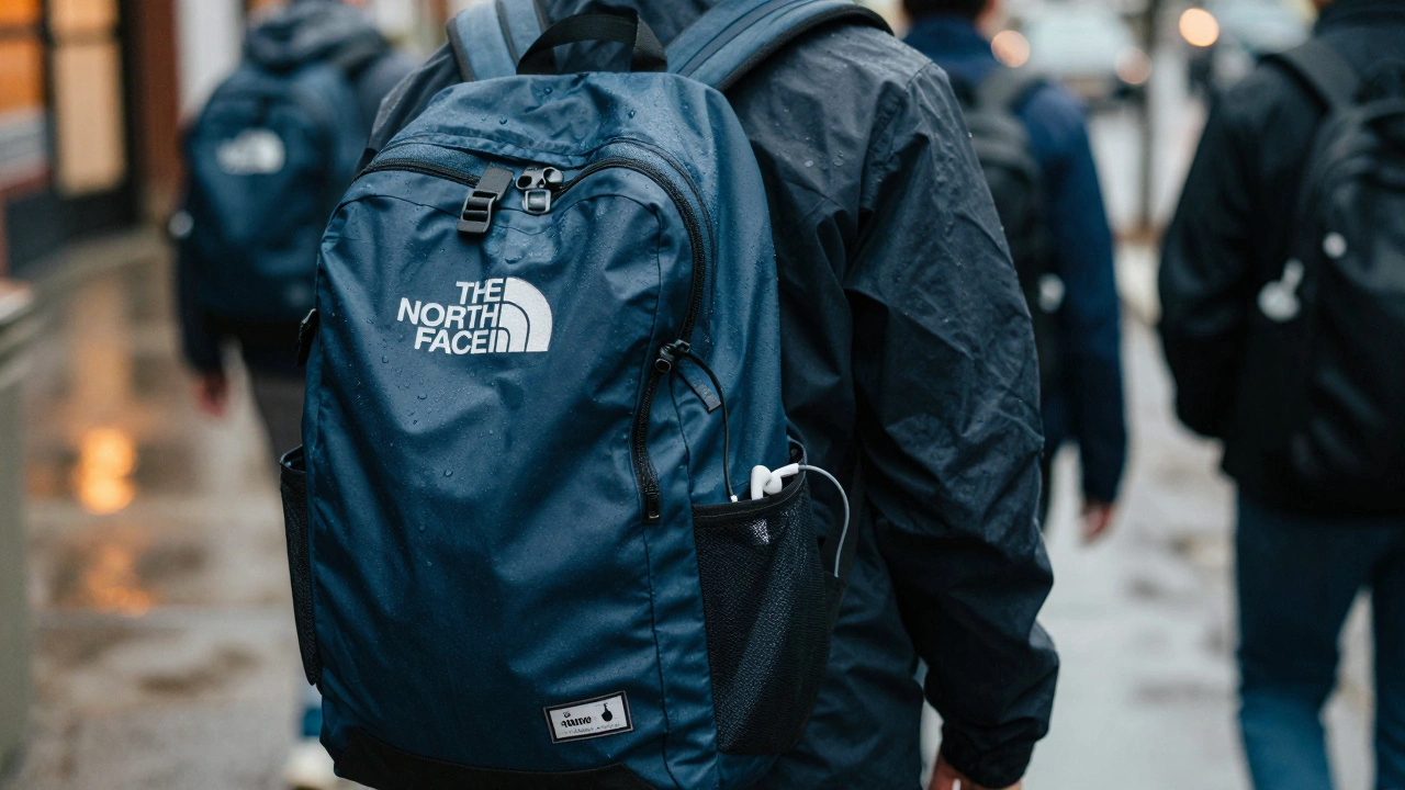 A student walking in the rain with a water-resistant backpack and USB charging port visible.