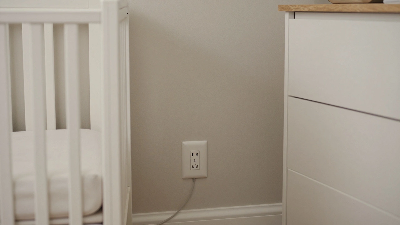 Crib 2 feet from covered electrical outlet and secured dresser.