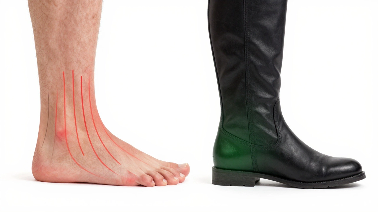 Split-image of a foot in narrow vs. wide boot, showing comfort difference.