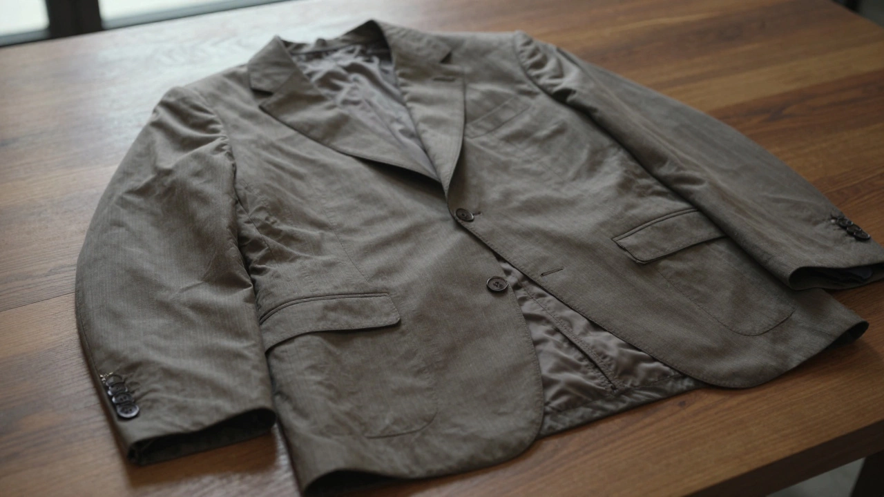 Tailored suit laid flat showing functional sleeve buttons and Bemberg lining.