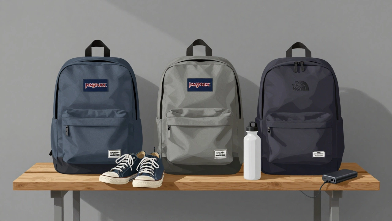 Three popular high school backpacks on a bench with a power bank and water bottle.