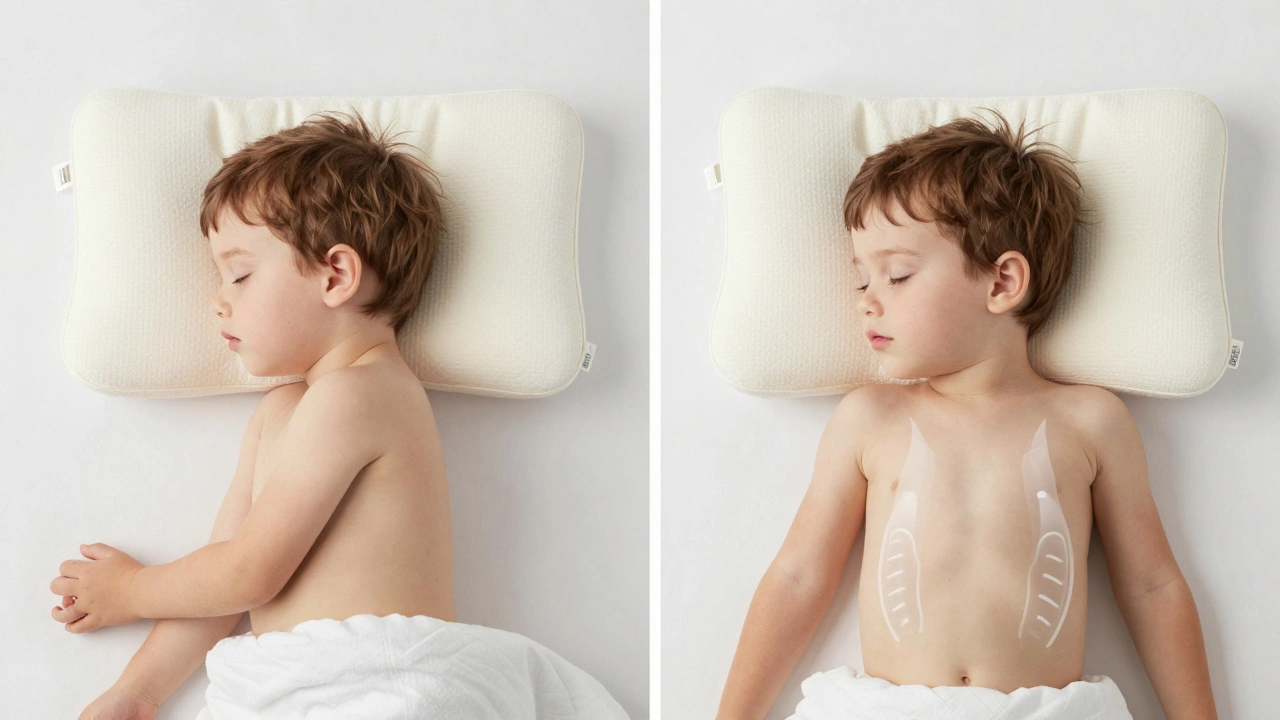 Two side-by-side scenes showing a toddler sleeping with and without a pillow.
