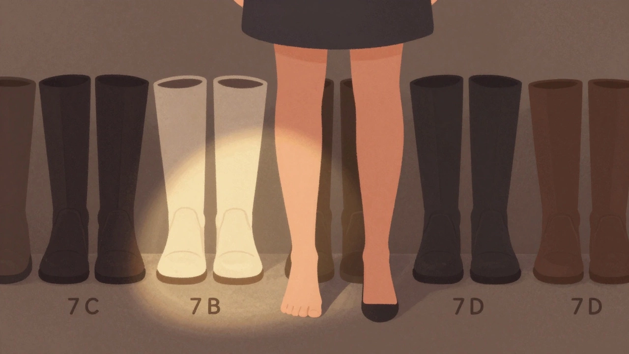 Woman choosing between narrow and wide boot options on a shelf.